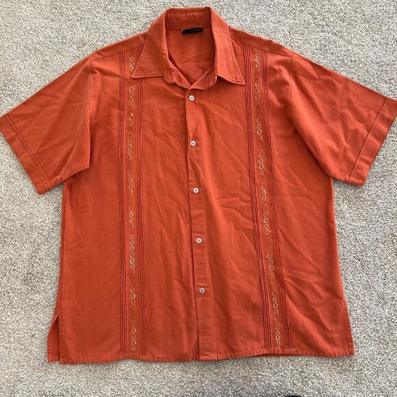 Armin Other - Rust Orange Genuine Haband Guayabera Embroidered Pleated Vertical Designs L